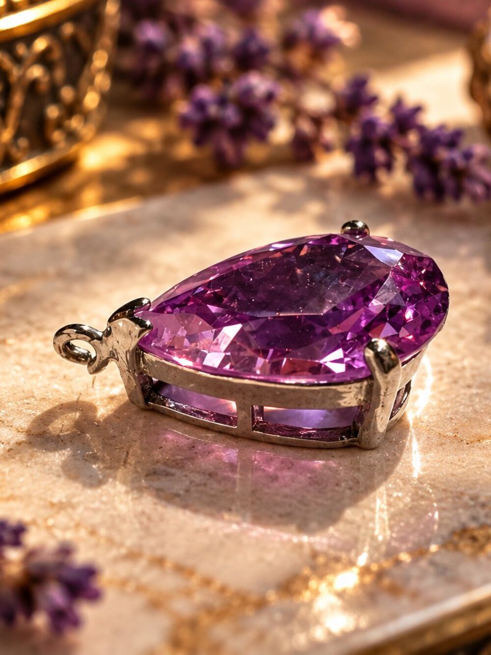 Pear Cut Pink Gemstone Pendant Charm | Silver Tone Setting